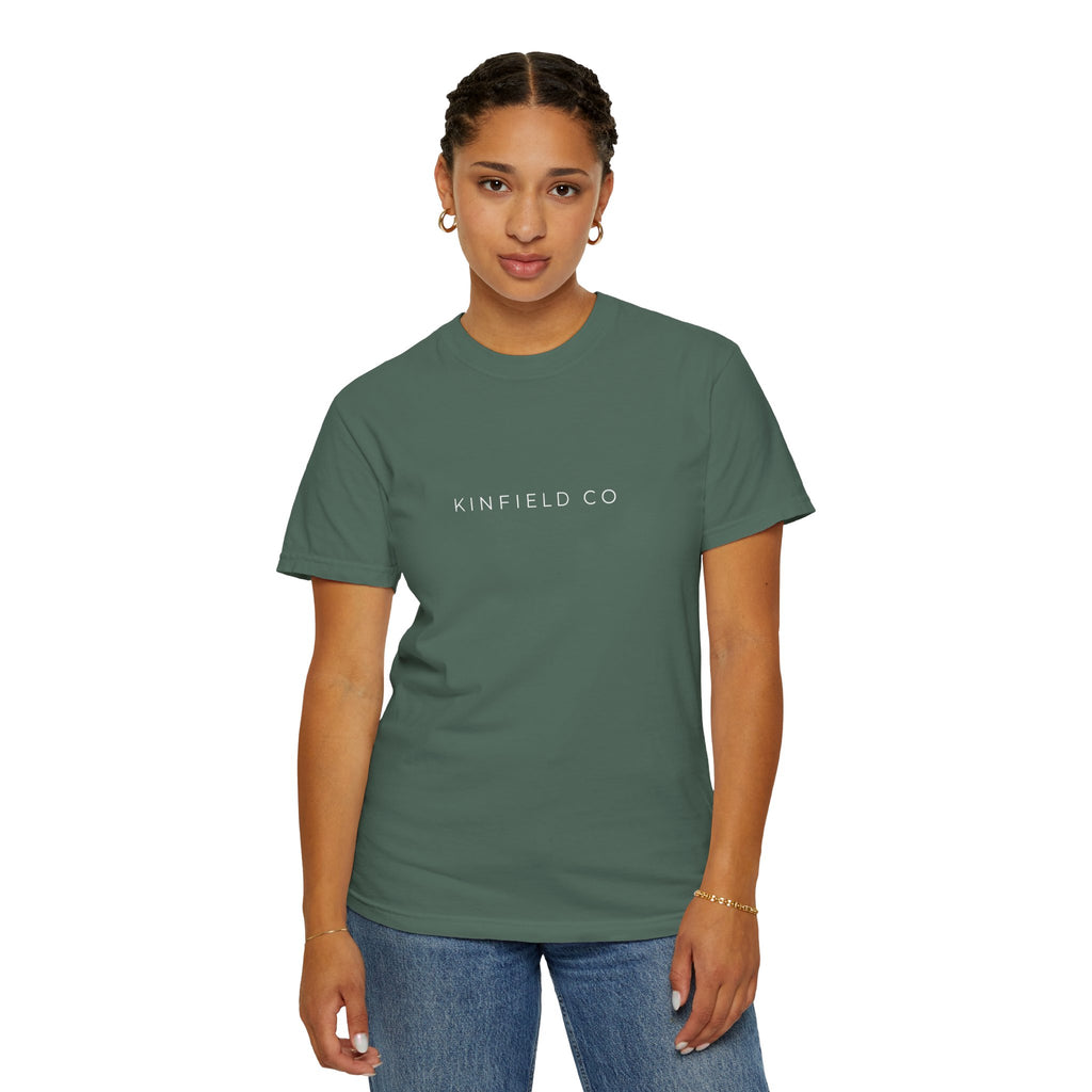 Kinfield Co Graphic T-Shirt — Minimal Text Front & Crowned Lion Back