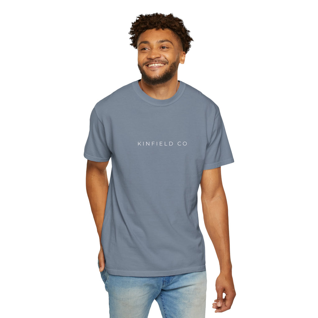Kinfield Co Graphic T-Shirt — Minimal Text Front & Crowned Lion Back