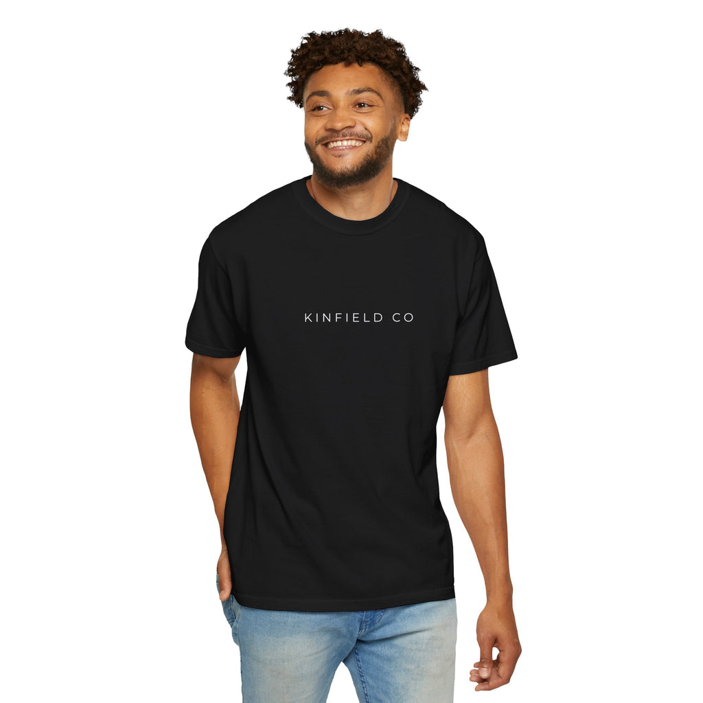 Kinfield Co Graphic T-Shirt — Minimal Text Front & Crowned Lion Back