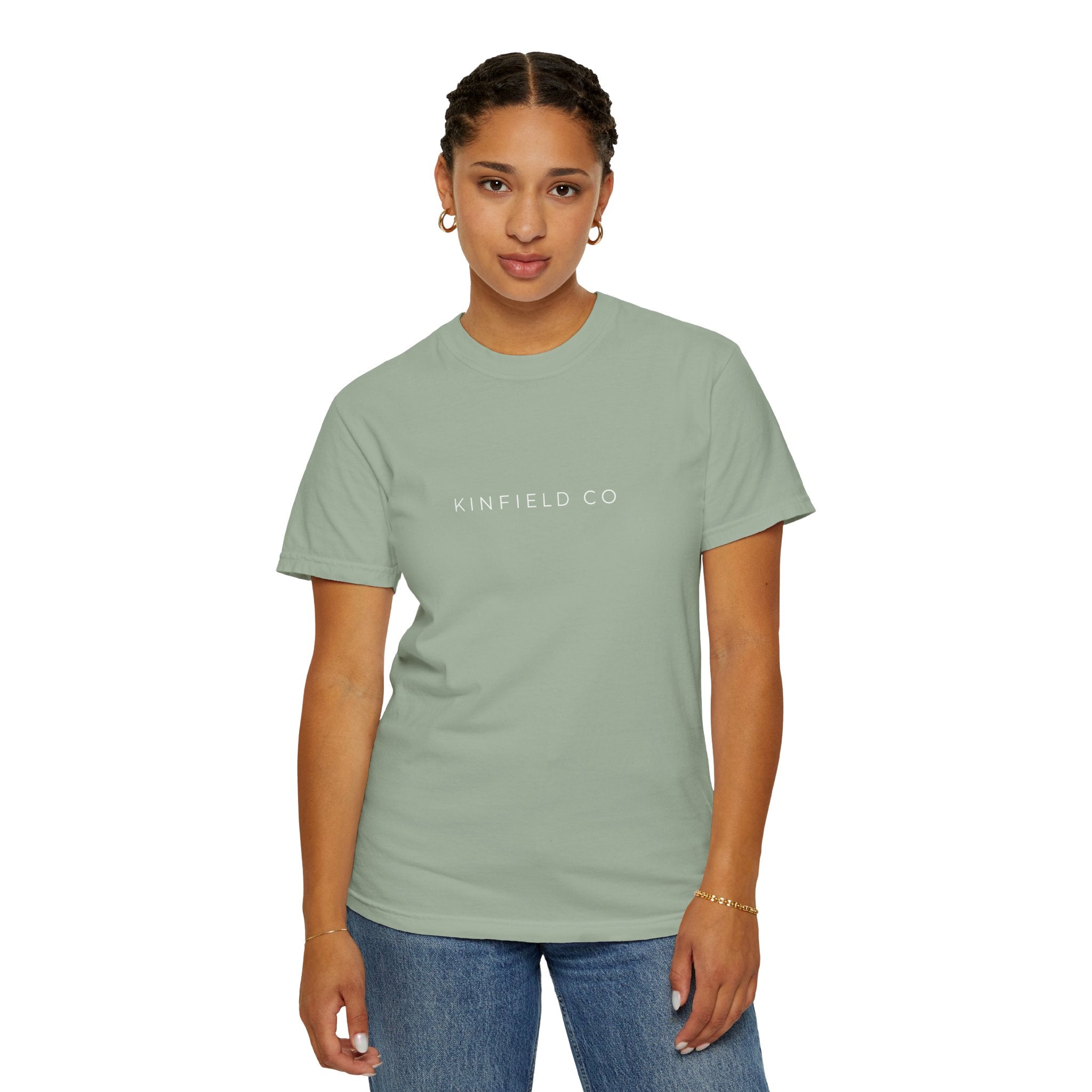 Kinfield Co Graphic T-Shirt — Minimal Text Front & Crowned Lion Back