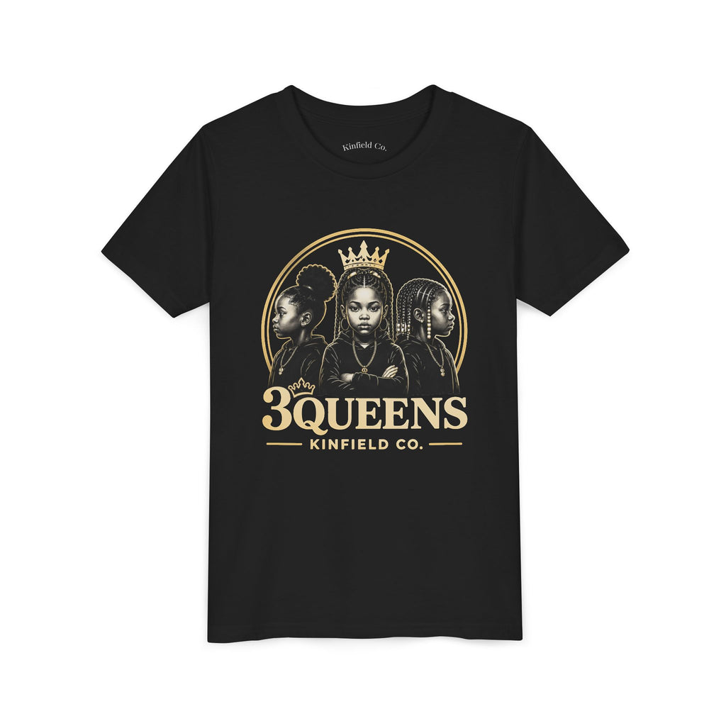 Youth Tee – "3 Queens" Crown Black and Gold Graphic Kids Shirt