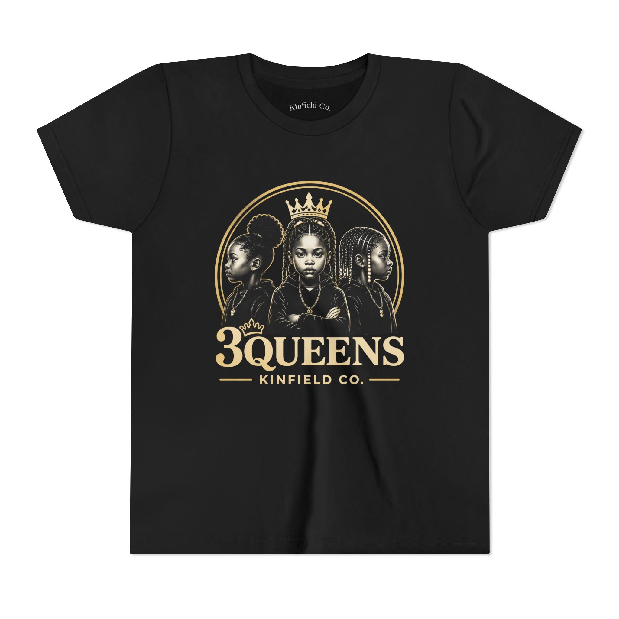 Youth Tee – "3 Queens" Crown Black and Gold Graphic Kids Shirt