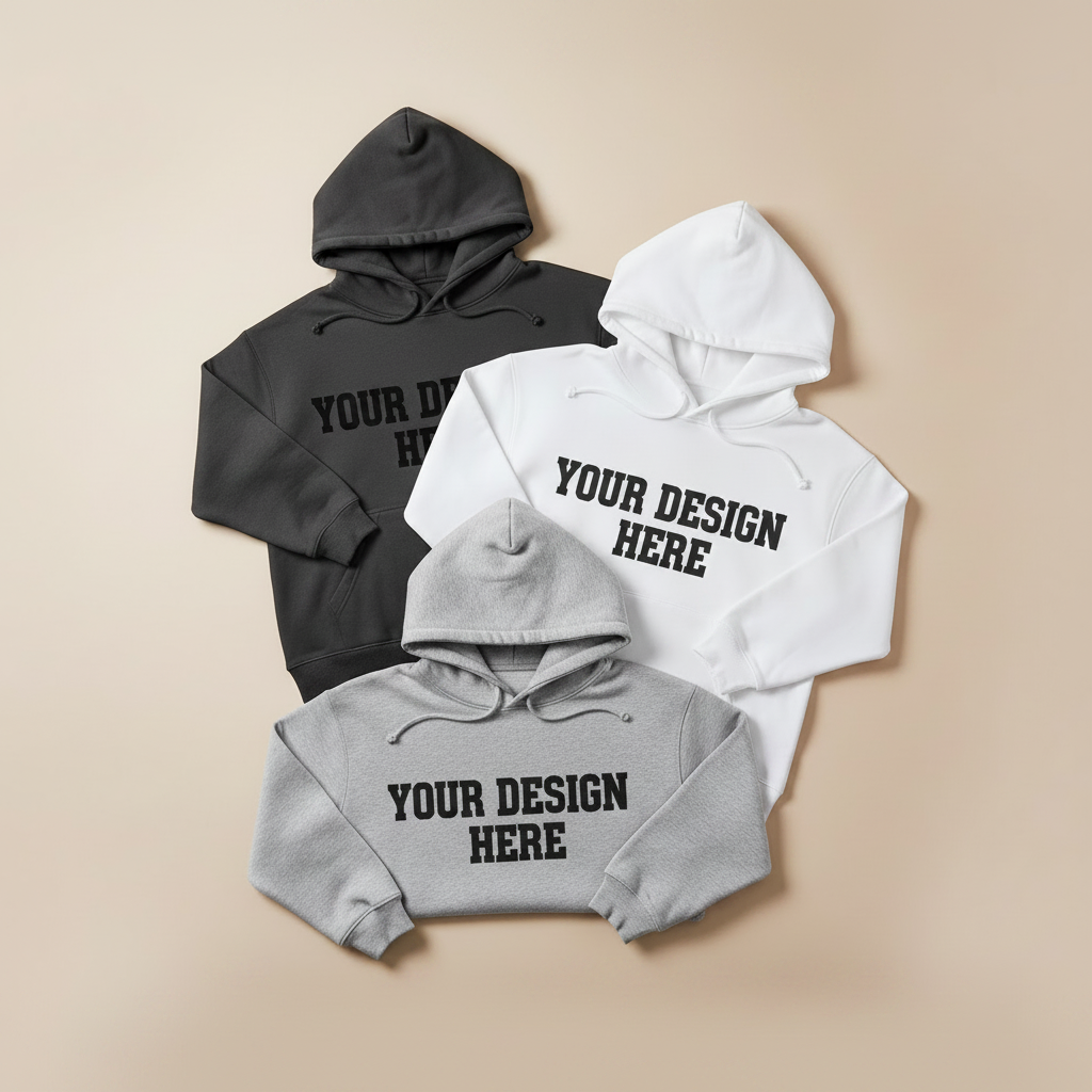 Three customizable hoodies with 'Your Design Here' text on a beige background